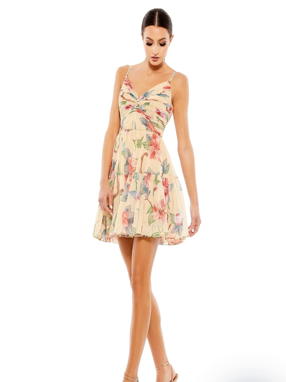 Mac Duggal Cream Floral Spaghetti-Strap Mini Dress
